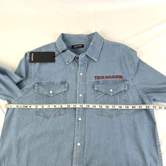 New True Religion Men's Sz Large Chambray Western Pearl Snap Shirt Blue NWT $99 - Picture 3 of 7